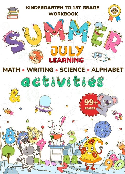 Whizki Summer Activities Kindergarten to 1st Grade Workbooks, Alphabet Tracing Book and Math with Fun Preschool Learning Activities for Kids, Numbers ... Summer Learnin: July Learning Activities